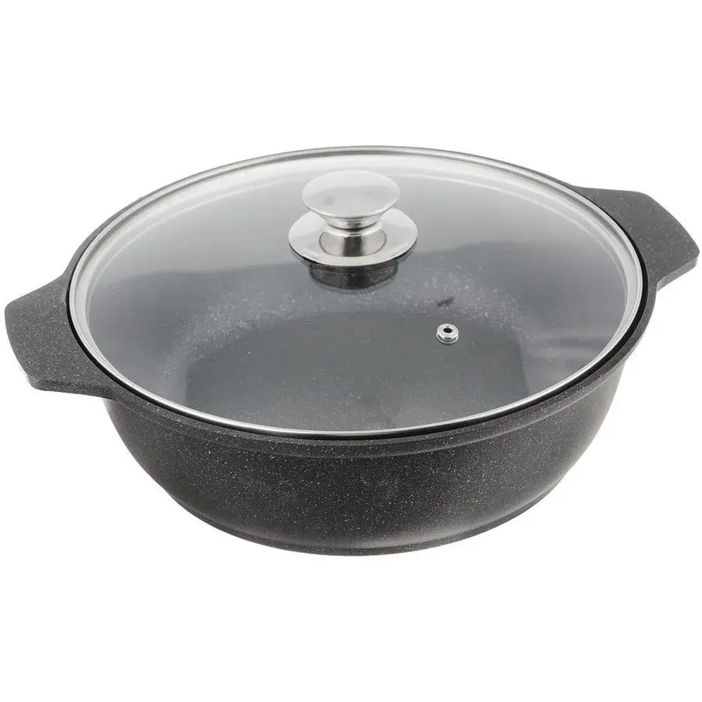 Кастрюля-жаровня антипригарная литая 3,0л со стеклянной крышкой Темный мрамор
