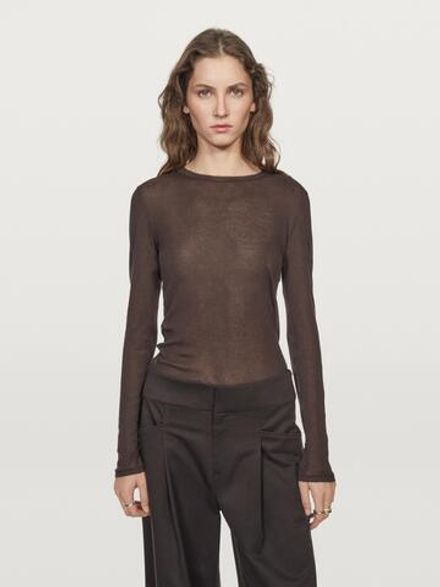 Massimo Dutti Футболка из 100% хлопка с деталями на воротнике, коричневый