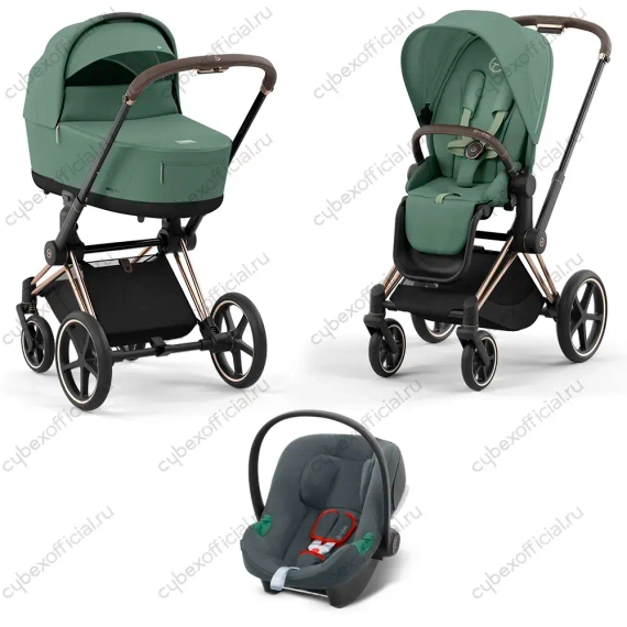 Детская коляска Cybex Priam IV 3 в 1 Leaf Green шасси Rosegold автокресло Aton B i-Size