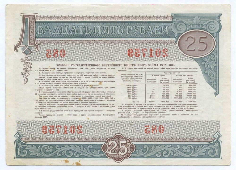 Облигация 25 рублей 1982 год. Серия № 201759. VF