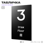 Табличка с номером Этаж 3, на дверь и стену, информационная и мультиязычная (русский, английский, китайский), серия GLOBAL, 25х15 см, Айдентика Технолоджи