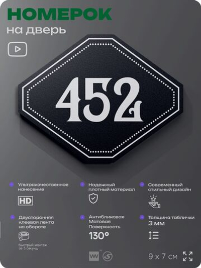 Номерок на дверь квартиры 452, для кабинета, офиса, шильдик 9 х 7 см, черный, Айдентика Технолоджи