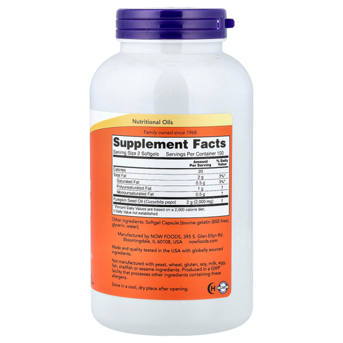 NOW Foods, тыквенное масло, 1000 мг, 200 капсул