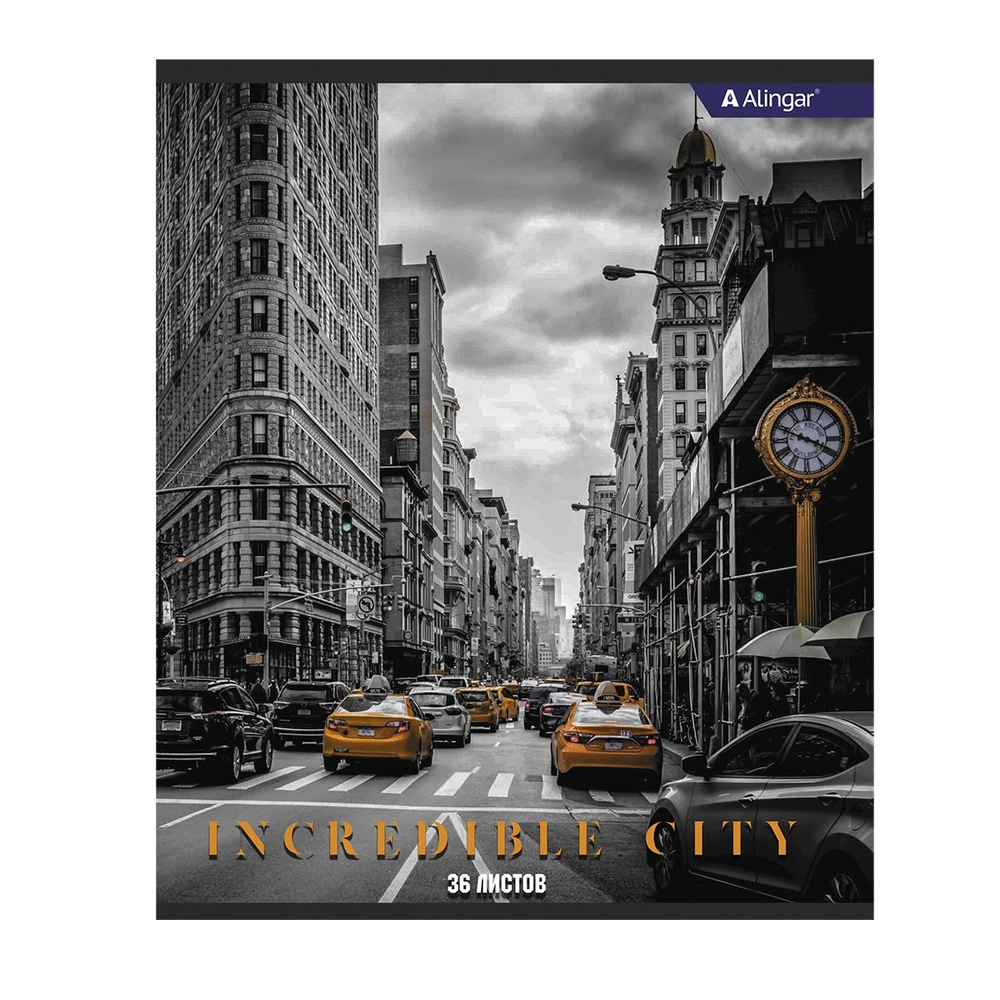 Тетрадь 36 л., А5, клетка, Alingar "Городские виды ", скрепка, офсет, мелованный картон (стандарт), 4 дизайна в пленке т/у