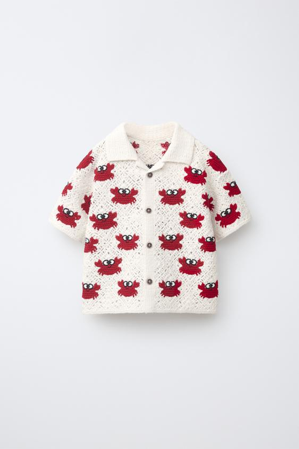 ZARA РУБАШКА С КРАБАМИ ИЗ КРУЖЕВА КРОШЕ, БЕЛЫЙ/КРАСНЫЙ