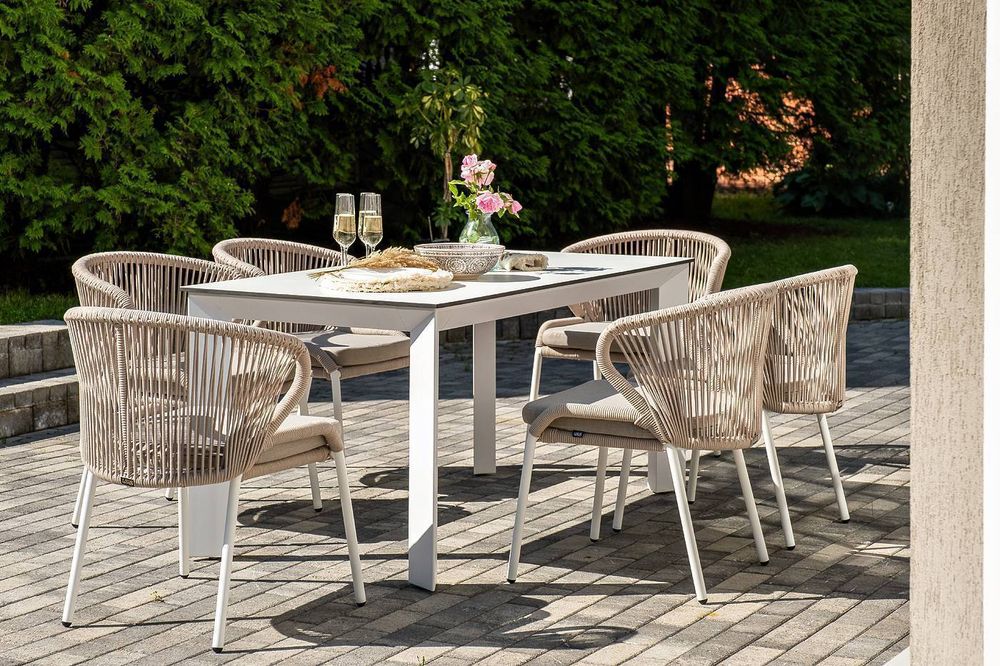 "Венето" обеденная группа на 6 персон со стульями "Милан", каркас белый, роуп бежевый