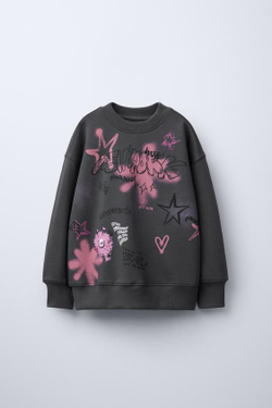 ZARA ТОЛСТОВКА С ПРИНТОМ «ГРАФФИТИ», АНТРАЦИТОВО-СЕРЫЙ