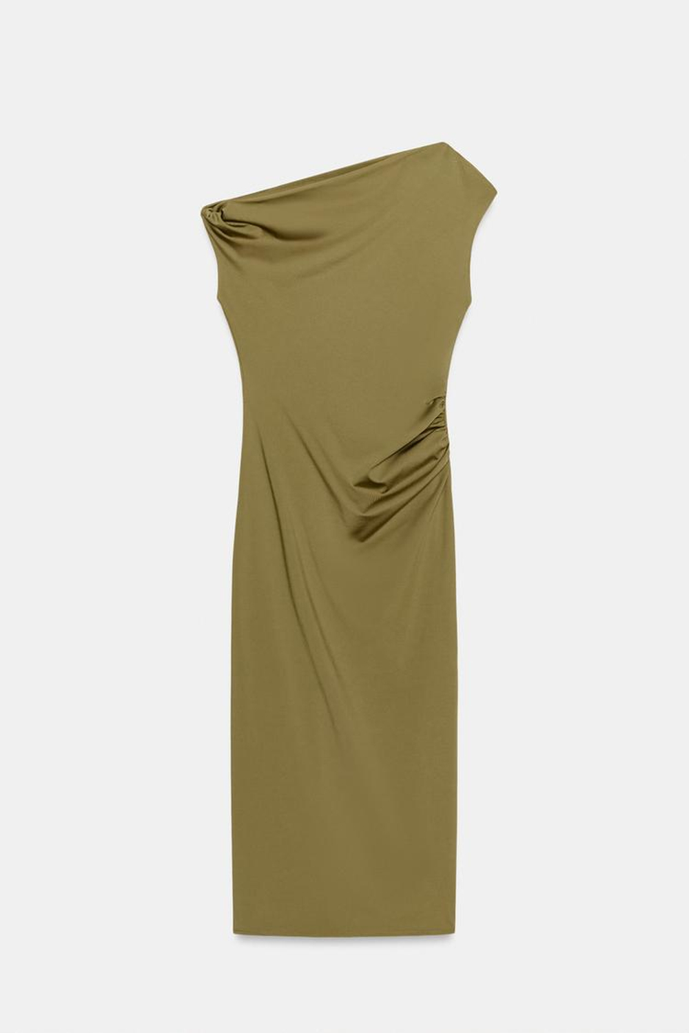 ZARA ПЛАТЬЕ МИДИ АСИММЕТРИЧНОГО КРОЯ, ОЛИВКОВЫЙ