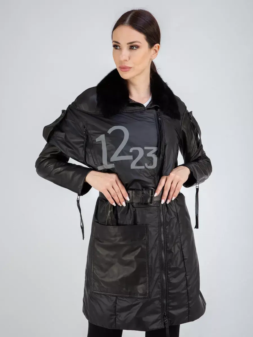 Куртка демисезонная из натуральной кожи и плащевки пальто