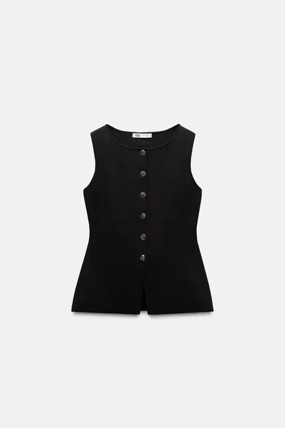 ZARA ОДНОТОННЫЙ ТРИКОТАЖНЫЙ ЖИЛЕТ С ЗОЛОТИСТЫМИ ПУГОВИЦАМИ, ЧЕРНЫЙ