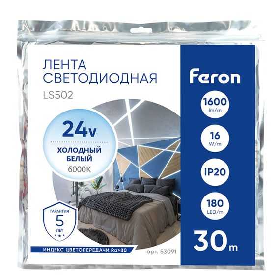 Светодиодная лента Feron 16W/m 180LED/m 2835SMD 3000К 30M LS502 53089