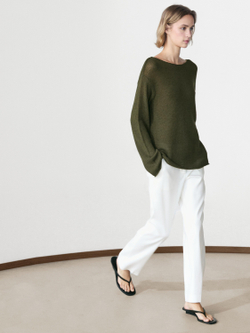 Massimo Dutti Свитер из смесового хлопка с ажурным узором, темно-зеленый