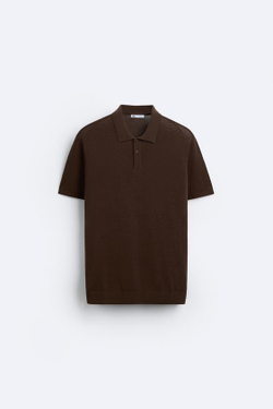 ZARA ТРИКОТАЖНОЕ ПОЛО ИЗ ХЛОПКА И ШЕЛКА, КОРИЧНЕВЫЙ