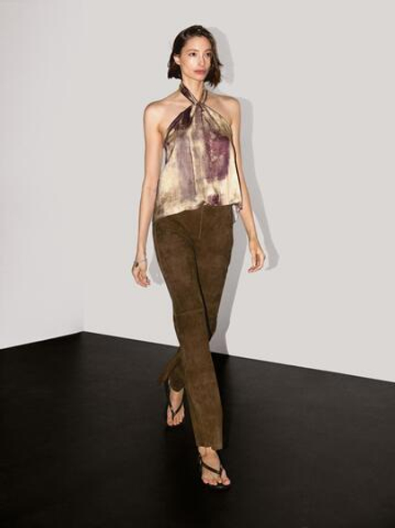 Massimo Dutti Расклешенные замшевые брюки, коричневый