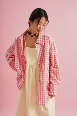 Рубашка оверсайз с карманами, розовая клетка