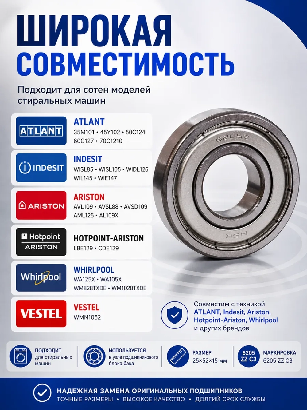 Подшипник 6205 ZZ (25х52х15 мм) NSK 908092004016