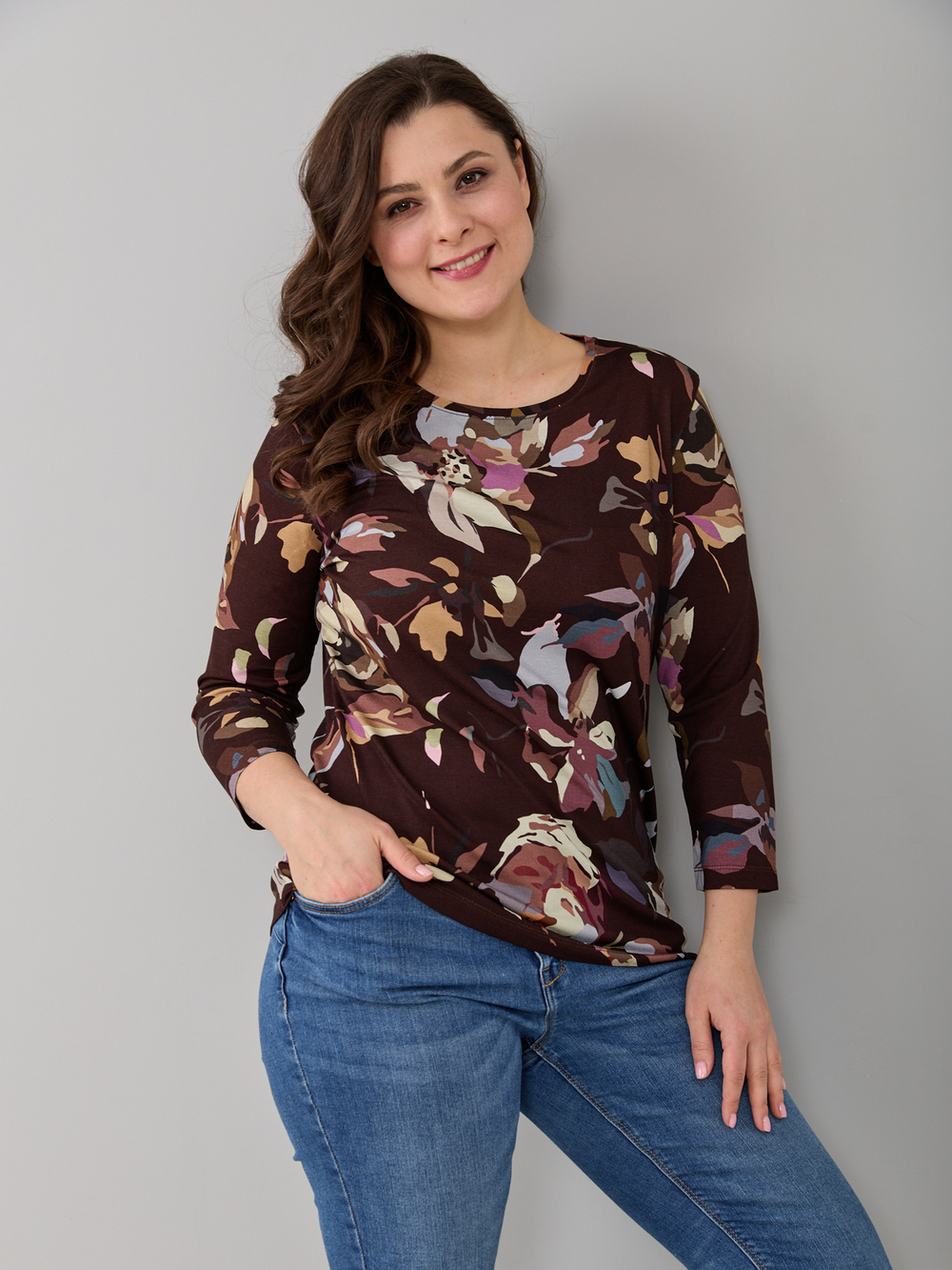 Лонгслив ЛНв-306/коричневый-цветыабстракция