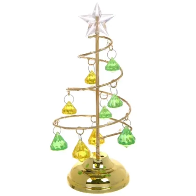 Сувенир с подсветкой «Елочка Хрустальная» 18 см, диаметр 8 см, основ.-золото, свечение-тепл.белый, хрусталик Зел./Желтый (работает от батареек 3 LR44)