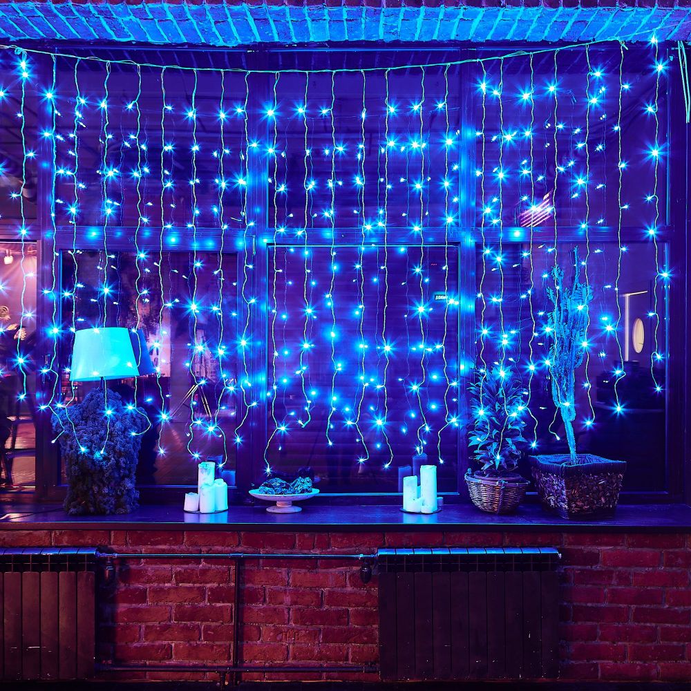 ULD-C3020-240-TTK BLUE IP44 Занавес светодиодный с эффектом мерцания. 3х2м. Соединяемый. 240 светодиодов. Синий свет. Провод прозрачный. TM Uniel