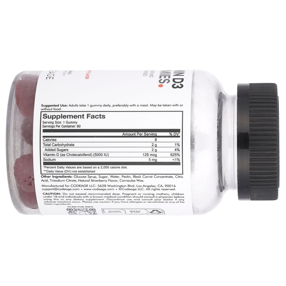Codeage, Жевательные таблетки с витамином D3, клубника, 5000 МЕ, 60 жевательных таблеток