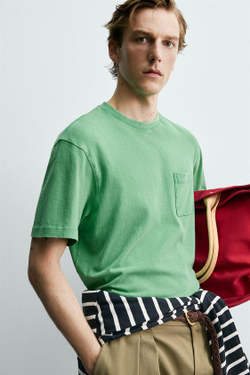 ZARA X AARON LEVINE ФУТБОЛКА С КАРМАНОМ, ЗЕЛЕНЫЙ