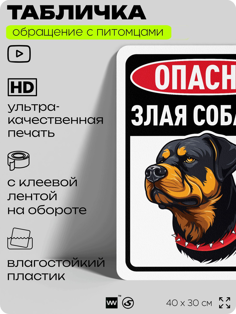 Табличка "Опасно, злая собака" на дверь и забор, для двора, дома, подъезда, 40х30 см, Silver Plane x Айдентика Технолоджи