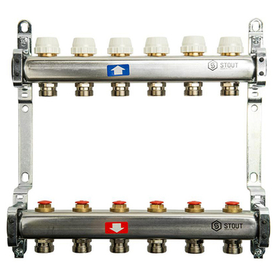 Коллекторная группа STOUT - 1" на 8 контуров 3/4" (клапананы, сливные краны, нерж. сталь)
