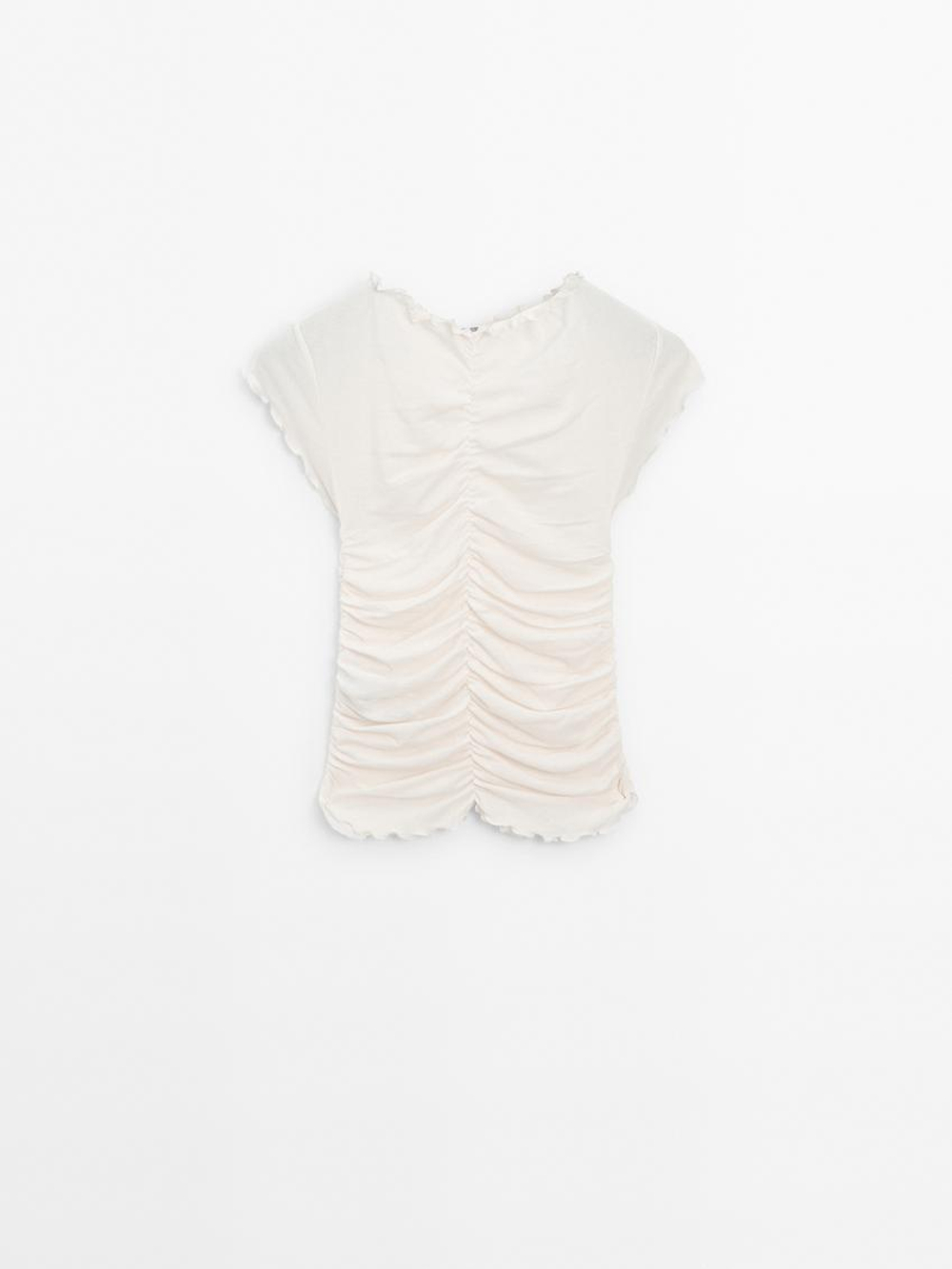 Massimo Dutti Футболка из хлопка со сборкой, натуральный, кремовый