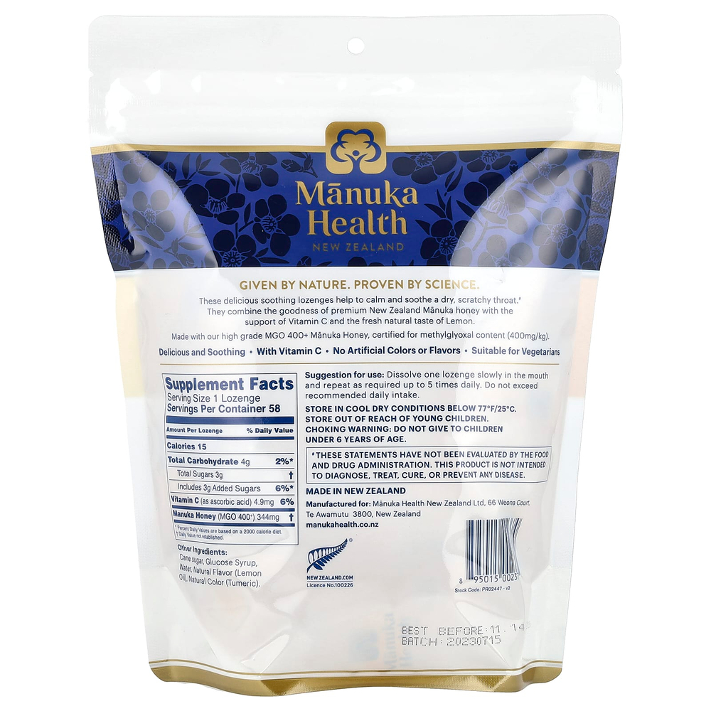 Manuka Health, Леденцы с медом Manuka, натуральный лимон, MGO 400+, 58 леденцов