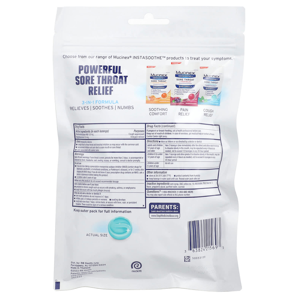 Mucinex, InstaSoothe ™, средство от боли в горле и кашля, альпийские травы и свежая мята, 40 лечебных капель