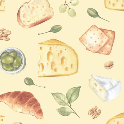 Сыр, выпечка и закуски на желтом / Cheese, pastries and snacks on yellow