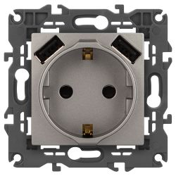 Розетка ЭРА Elegance 14-4109-16 2P+E 16A-250В, штор. с 2xUSB 5В-3А, титан