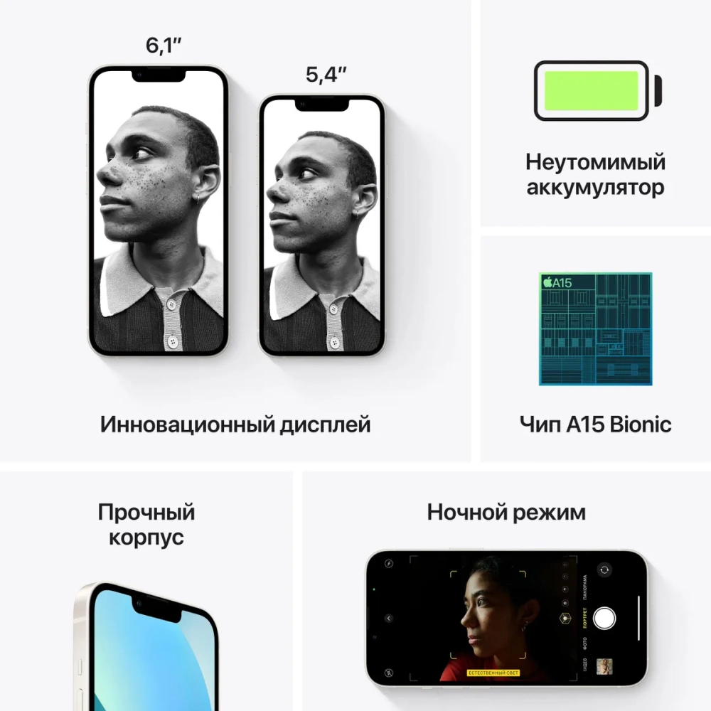Смартфон Apple A2633 iPhone 13 128Gb 4Gb сияющая звезда моноблок 3G 4G 1Sim 6.1" 1170x2532 iOS 15 12Mpix 802.11 a/b/g/n/ac/ax NFC GPS GSM900/1800 GSM1900 Protect