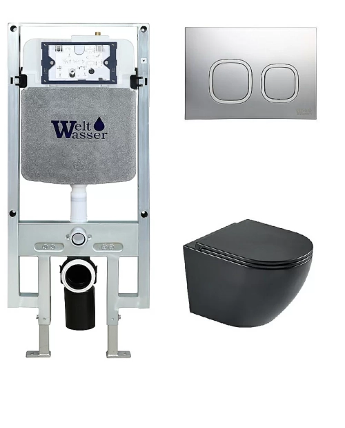 Унитаз подвесной WeltWasser AMBERG 497 ST + HEIMBACH 043 MT-BL + AMBERG RD-CR черный матовый, безободковый, с крышкой микролифт, слив-торнадо, с инсталляцией и кнопкой хром глянцевый