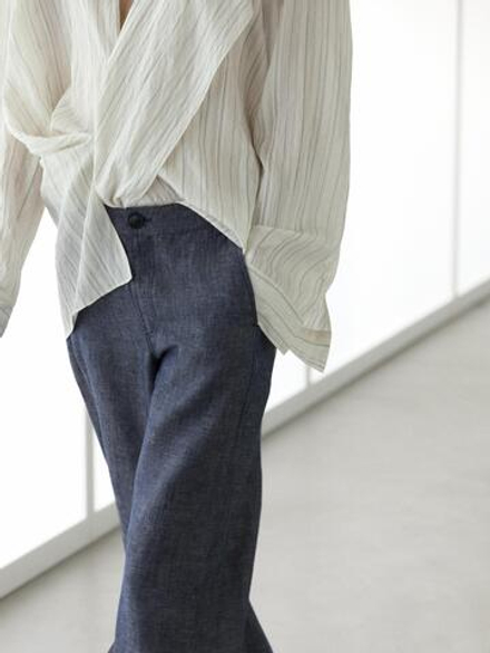 Massimo Dutti Льняные брюки-палаццо с высокой талией, темно-синий