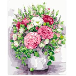 Картина по номерам "Яркие пионы с зелеными плодами в белой вазе", 40х50 см