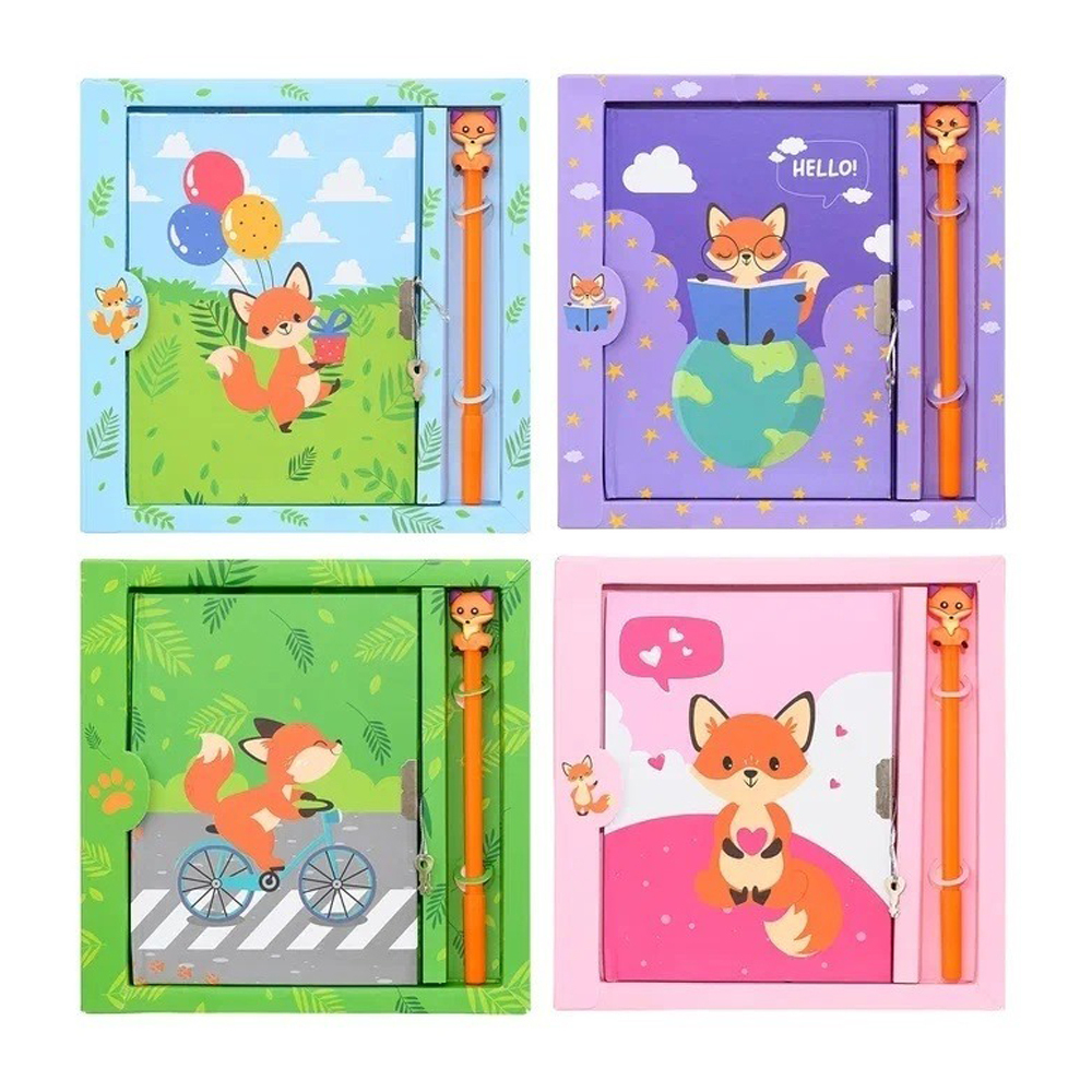 Блокнот детский Basir на замке, с ручкой, формат А6, серия "Лиса", переплет 7БЦ, 18*13.2 см, 48 листов, ассорти