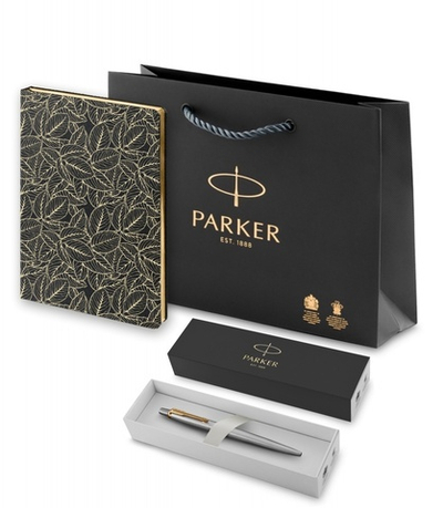 Подарочный набор: Шариковая ручка Parker Jotter Essential, St. Steel GT, стержень: Mblue и Ежедневник недатированный, черный.