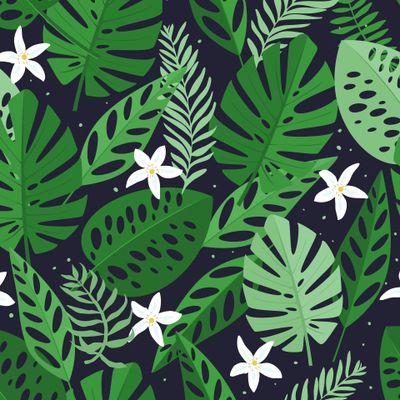 Тропические листья с белыми цветами