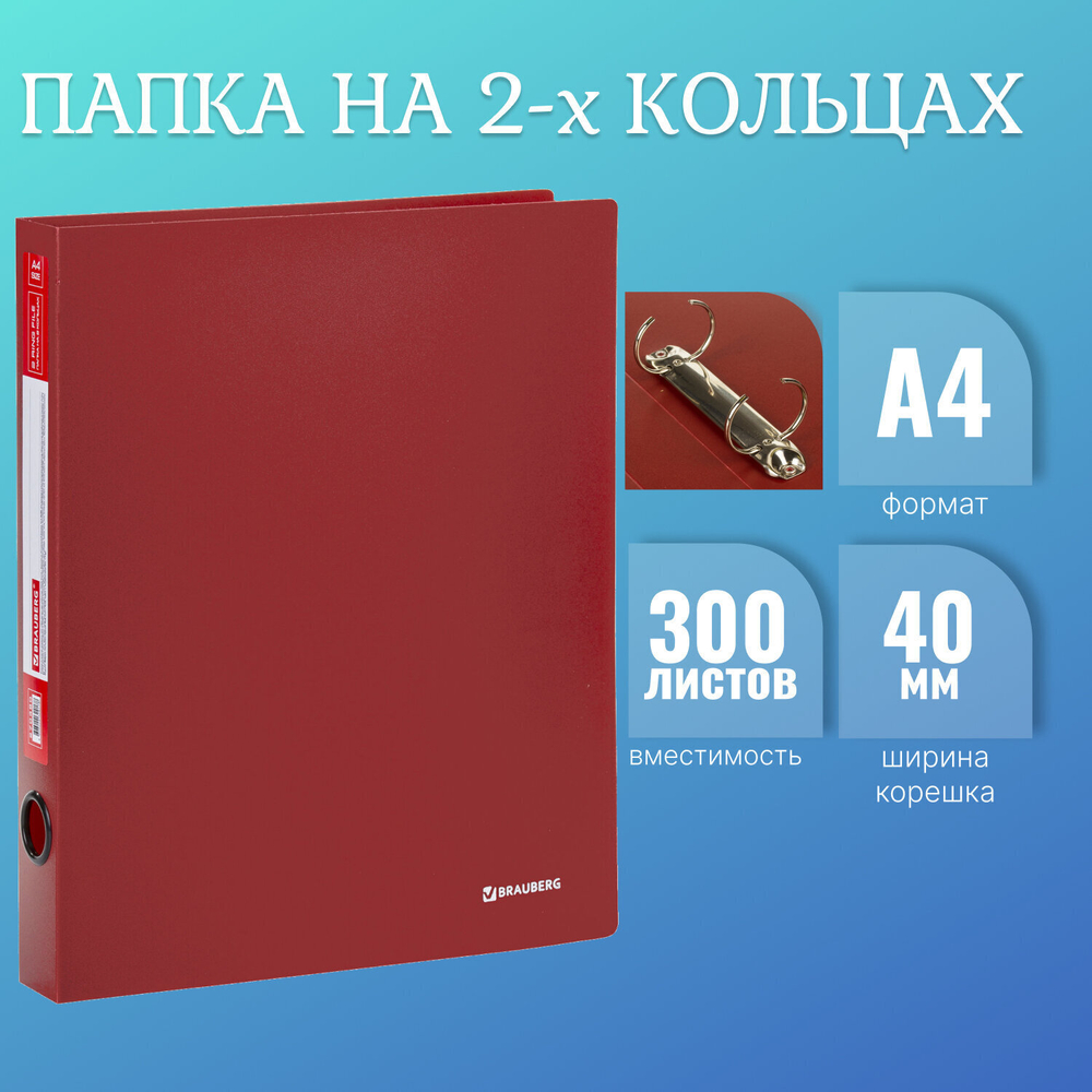 Папка на 2 кольцах BRAUBERG "Стандарт" 40 мм бордовая до 300 листов 0 9 мм (10 штук в упаковке)