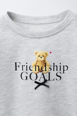 ZARA ФУТБОЛКА С АНИМАЛИСТИЧЕСКИМ ПРИНТОМ И БАНТИКОМ, СЕРЫЙ МЕЛАНЖ