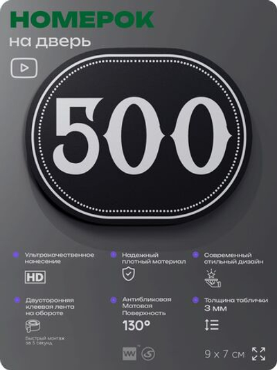 Номерок на дверь квартиры 500, для кабинета, офиса, шильдик 9 х 7 см, черный, Айдентика Технолоджи