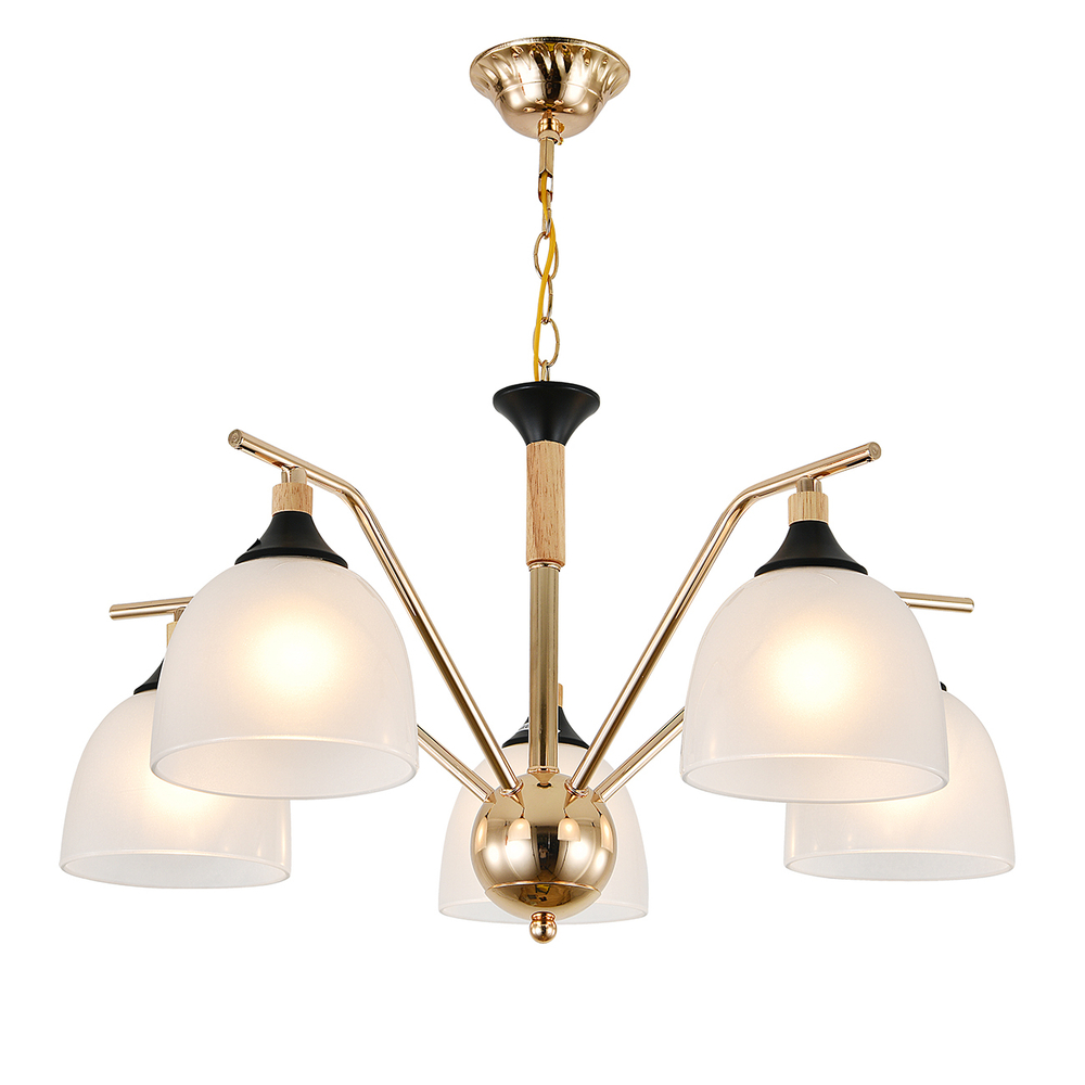 Люстра подвесная 5x40Вт E27, металл/стекло, черный/дерево, белый матовый плафон