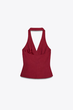 ZARA ЖИЛЕТ ХАЛТЕР С ЗАВЯЗКОЙ, ВИШНЕВЫЙ