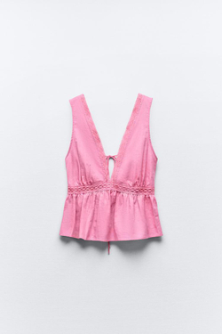 ZARA ТОП ИЗ СМЕСОВОГО ЛЬНА С КРУЖЕВОМ, МЯГКИЙ РОЗОВЫЙ