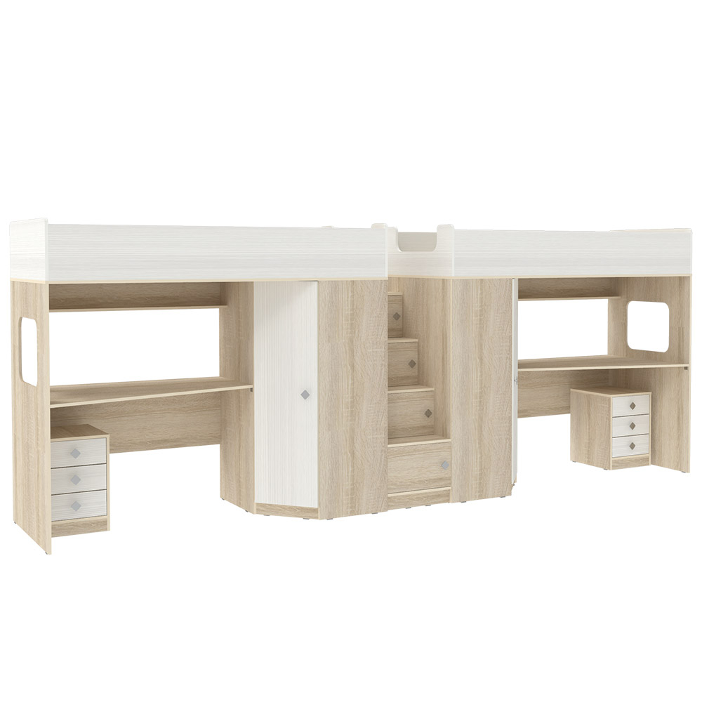 Двухъярусная кровать КарИВи Л-BB604-604 с тумбами 80х190 Дуб Сонома Белое Дерево