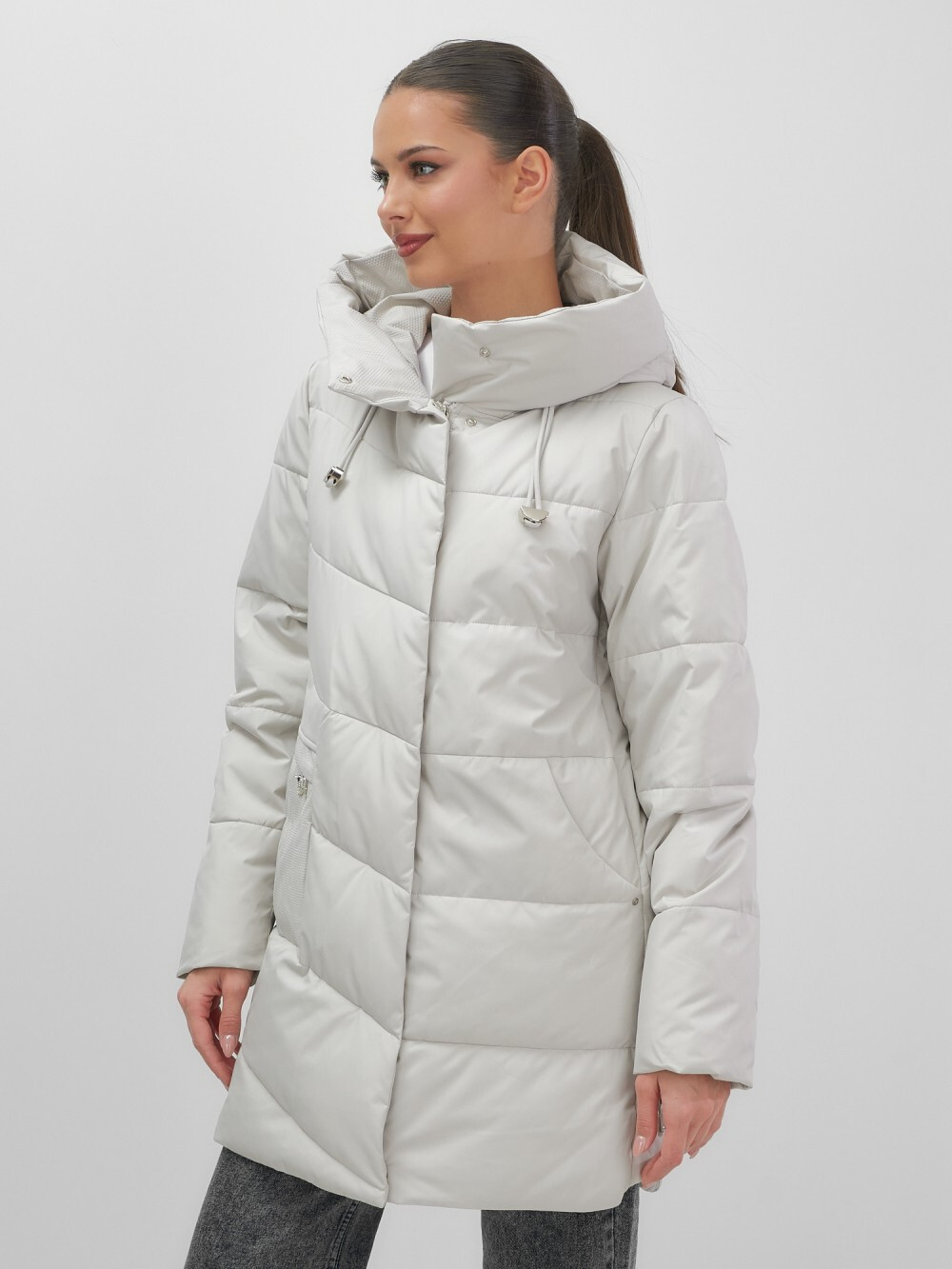 Куртка женская демисезонная с капюшоном серого цвета 1139Sr