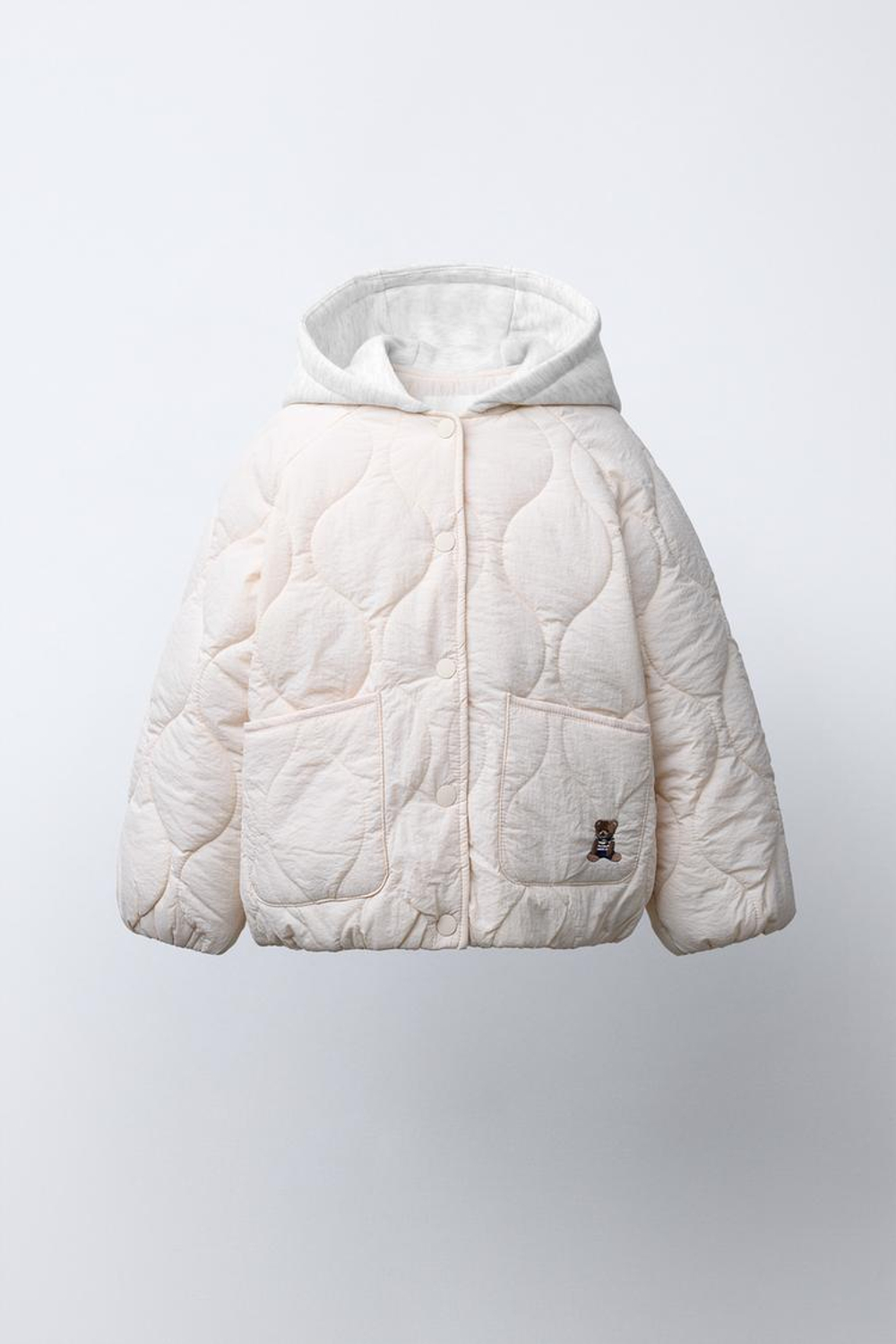 ZARA СТЕГАНАЯ КУРТКА С КАПЮШОНОМ И ВЫШИВКОЙ В ВИДЕ МЕДВЕЖОНКА, ЭКРЮ