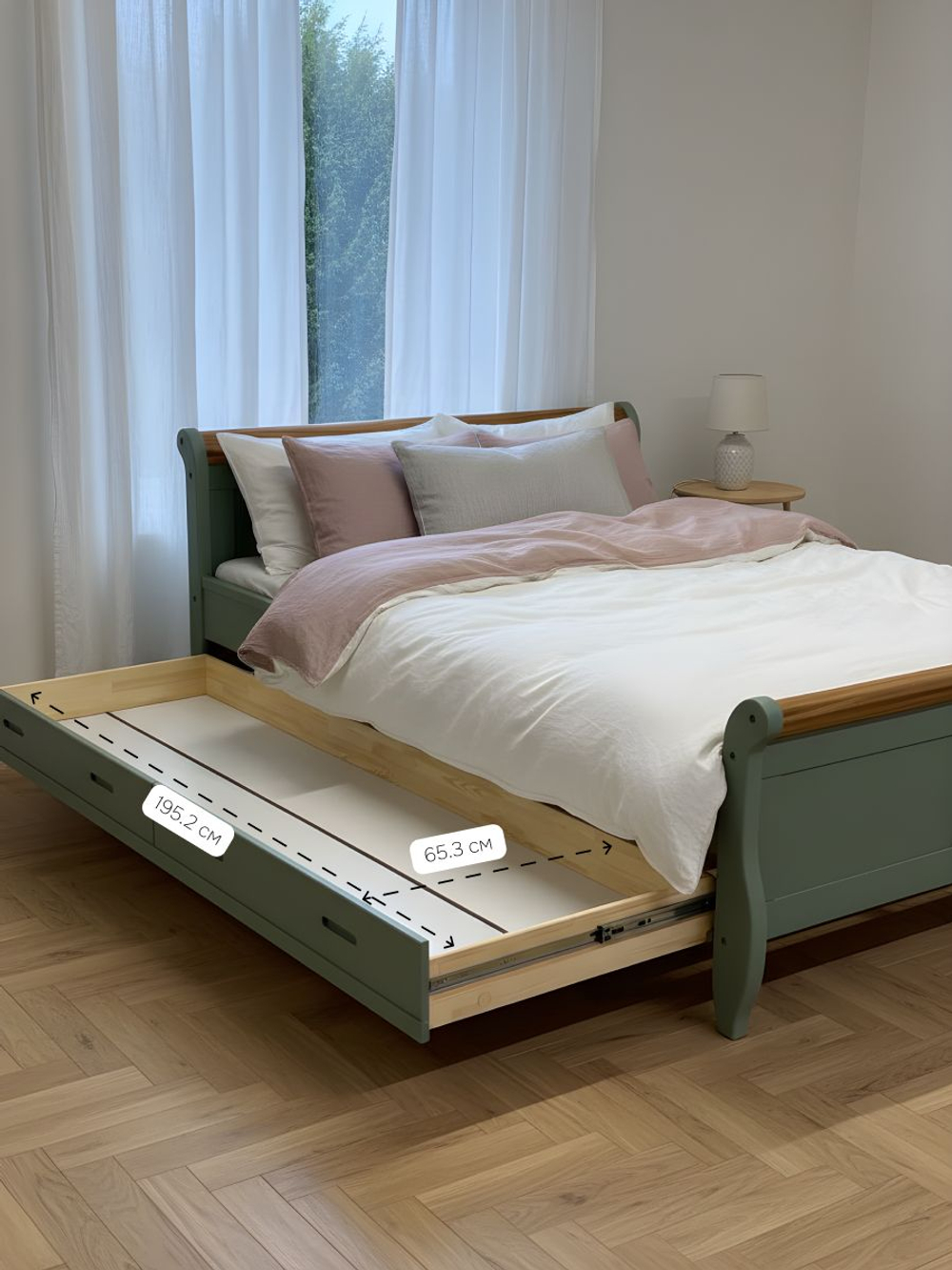 Кровать 160х200, Мелания, двуспальная, с местом для хранения, 2 ящика для белья, массив сосны и дуба, эвкалипт, Dipriz