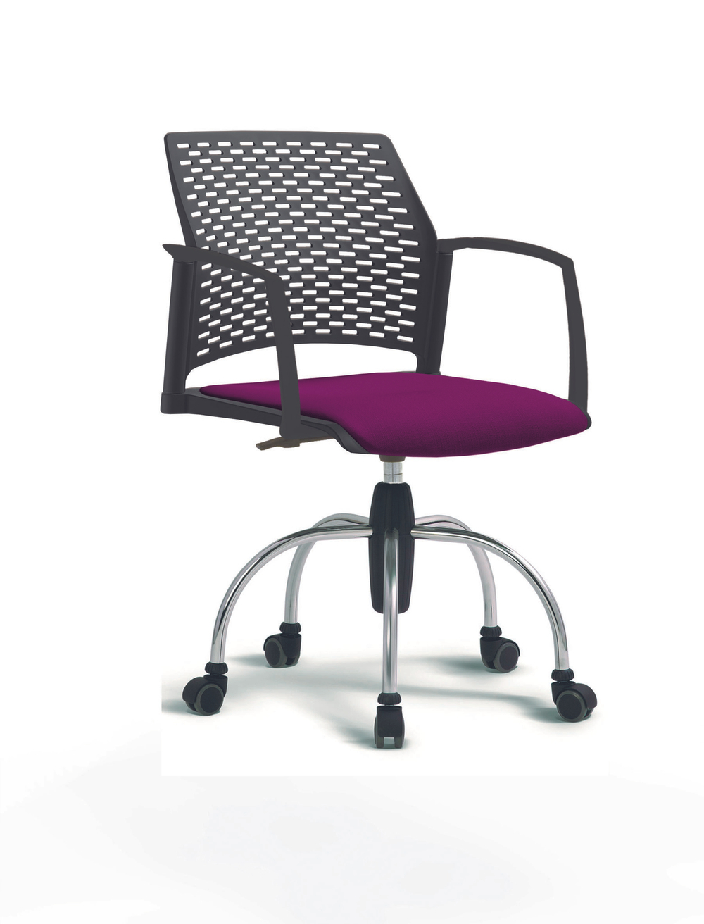 Кресло Rewind каркас хромированный, пластик черный, база паук хромированная, с закрытыми подлокотниками, сиденье фиолетовое
